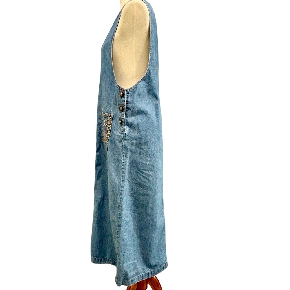 VTG 90s Denim Prairie Dress Trad Wife Alexandra Lee Embroidered Cottagecore Farm - Picture 3 of 8